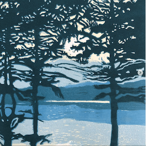 Deborah Kozak linocut featuring trees in winter.