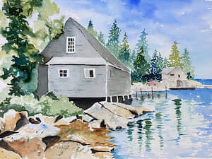 Fishing shack painting by Margaret L. Merrill.
